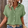 thumbnail image 7 of Pxiakgy Women Linen Button Down Shirt Rolled Cuffed Short Sleeve Blouse Ladies Summer Casual V Neck Beach Double Layer Wrinkled Fabric Tops Batwing Sleeve Pocket Patched Shirt Camouflage M, 7 of 7