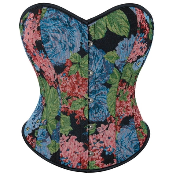 Floral Jacquard Overbust Goth Corset Tops for Women, Bustier Top with Front Busk Closure and Supportive Boning Design Blue L