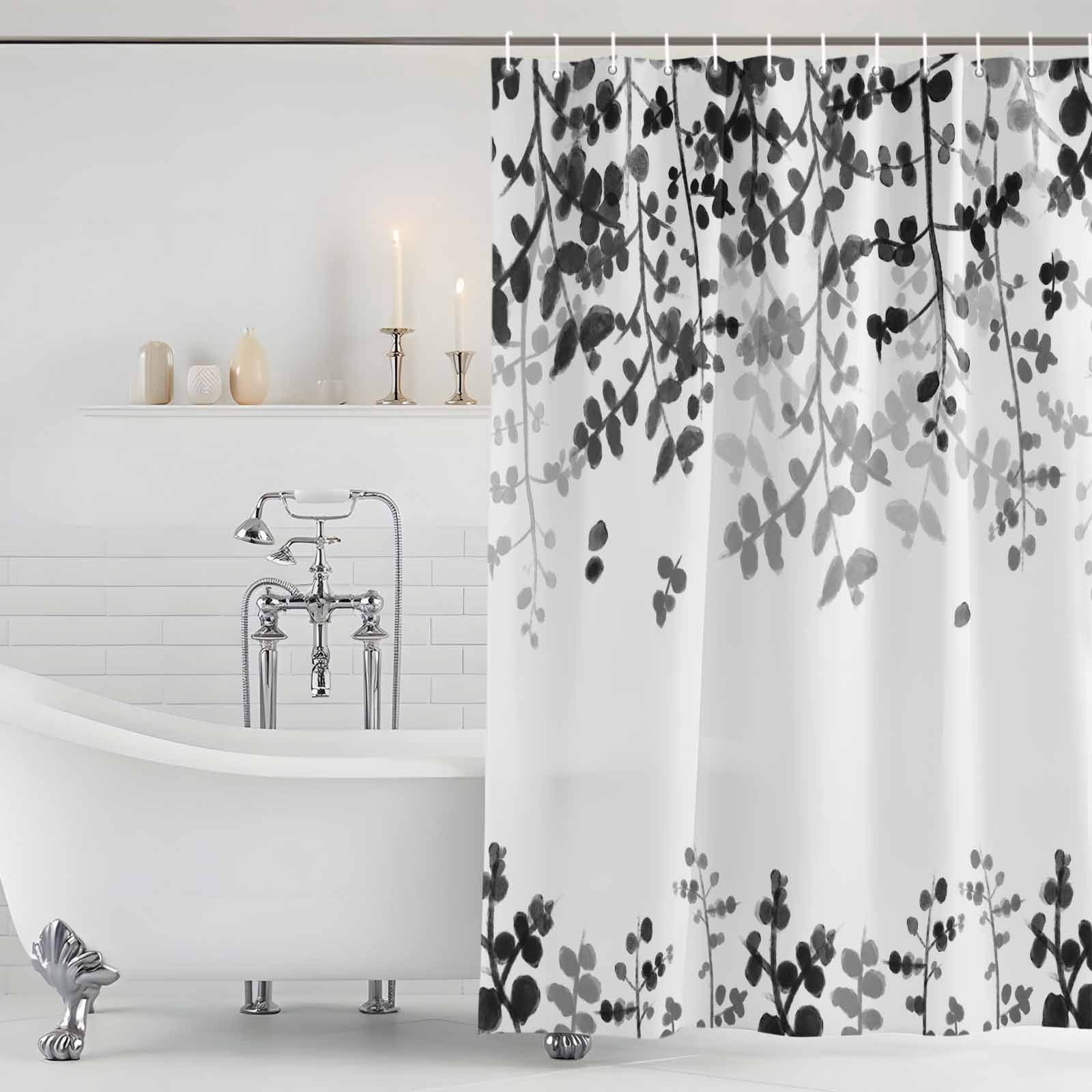 Black Leaves Shower Curtain, Waterproof Shower Curtains for Bathroom, Summer Botanical Washable Fabric Bathtub Curtain Set Bath Decor with 12 Hooks 48"x72"