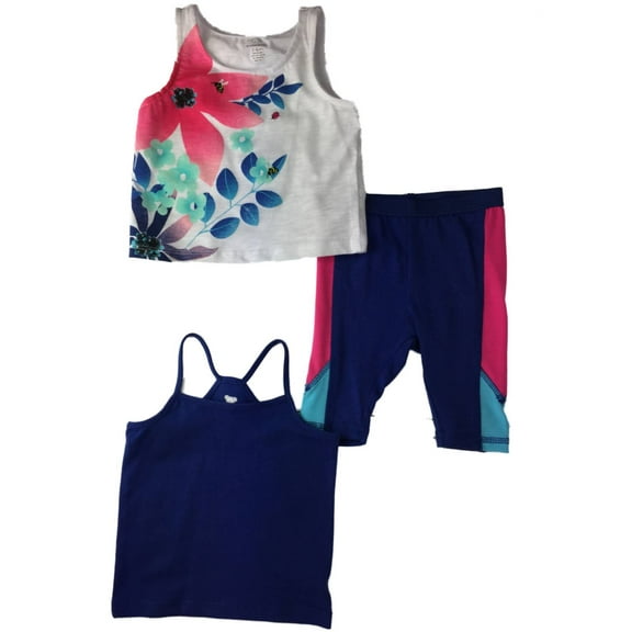 Infant Girls Pink Blue & Navy Tropical Floral Outfit 3 Pc Tank Top Shorts Outfit