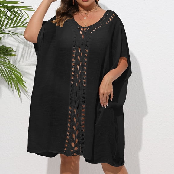 HOMBOM Plus Size Beach Cover Ups for Women Bathing Suit Cover Up Sheer Mesh V Neck Holiday Ladies Beach Dress