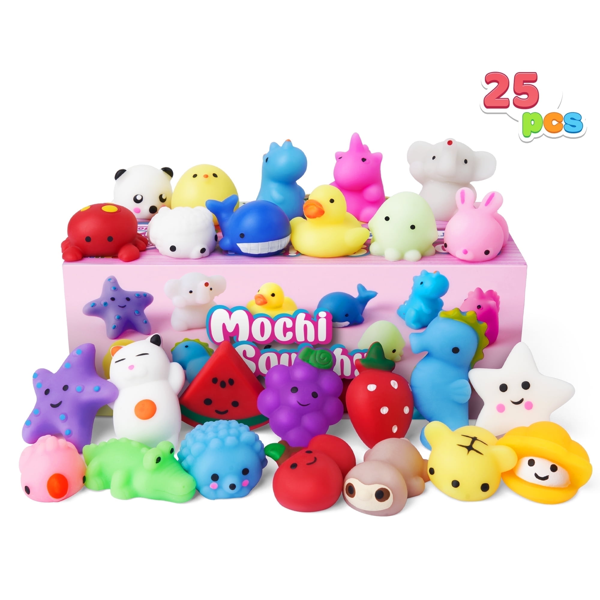 Joyfy 25 Pcs Mochi Squishy Toys for Kids Mini Kawaii Squishies Fidget Toys Animals & Fruit Stress Relief Toys for Party Favors, Classroom Prizes, Pinata Filler, Goodie Bags Stuffers