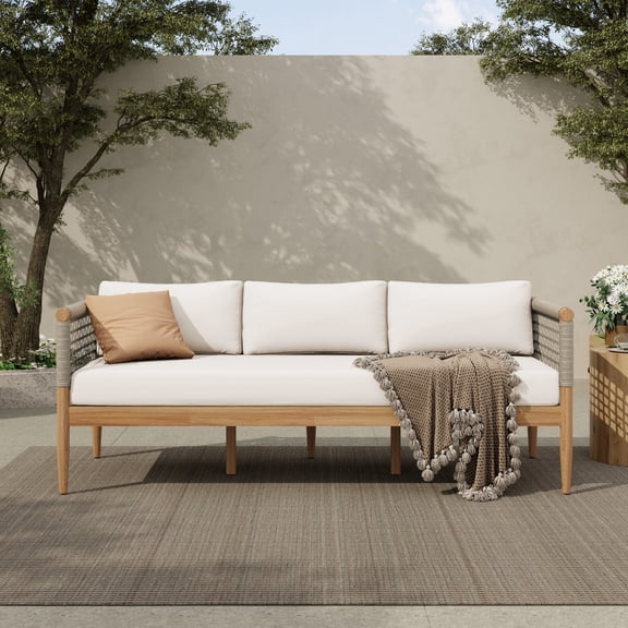 Christopher Knight Home Modern 3-Seater Outdoor Sofa, Patio Bench with Rope Woven Arms, Beige Cushions