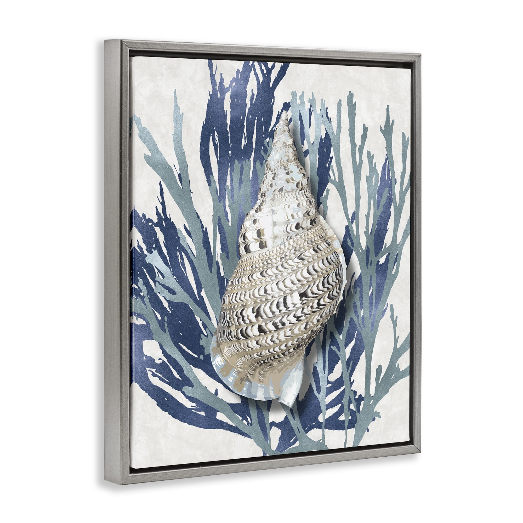 Stupell Industries Shell Coral Blue Beach Design Nature Painting Gray Floater Framed Canvas Art Print Wall Art, 25 x 31
