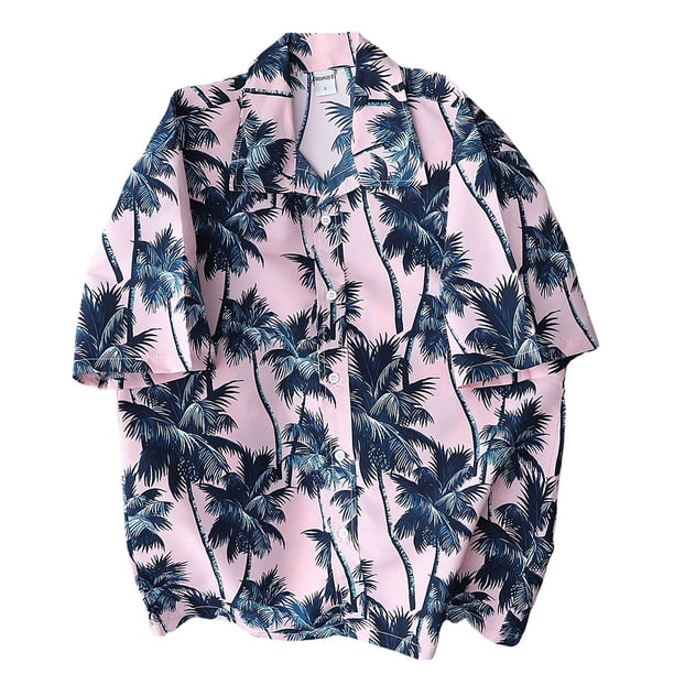 Sonducket Camisetas de manga corta informales con estampado geométrico para hombre, ropa holgada, camisas hawaianas, vacaciones de un solo pecho Camisetas Rosa SG
