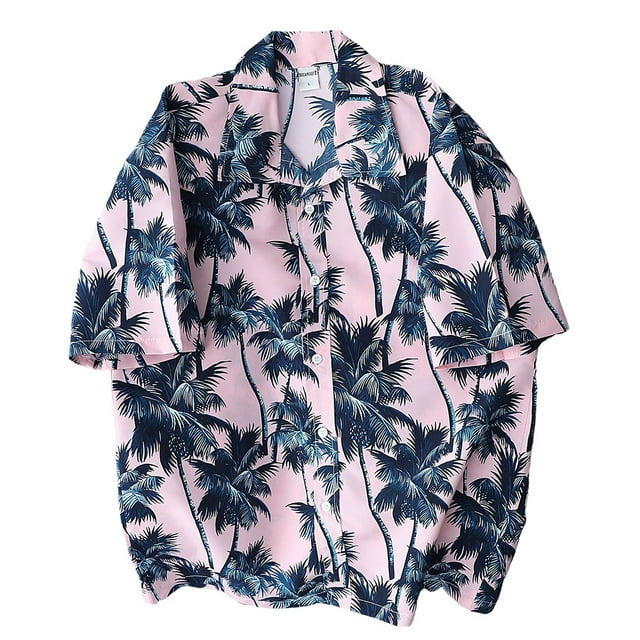 Sonducket Camisetas de manga corta informales con estampado geométrico para hombre, ropa holgada, camisas hawaianas, vacaciones de un solo pecho Camisetas Rosa SG