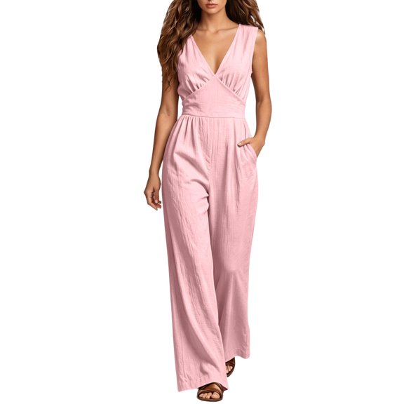 Yyeselk Cotton Linen V Neck Sleeveless Jumpsuit for Women Wide Leg Relaxed Fit Dressy Casual One Piece Romper Outfits with Pockets Pink S