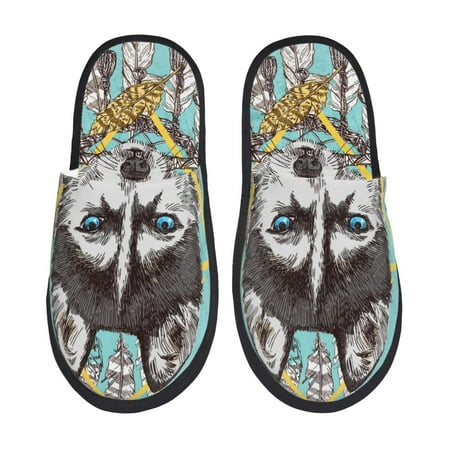 Balery Husky With Dreamcatcher Slient Indoor Furry Fleece Comfort House Shoes Soft Non-Slip Home Shoes Cotton slippers House Slippers-- Large