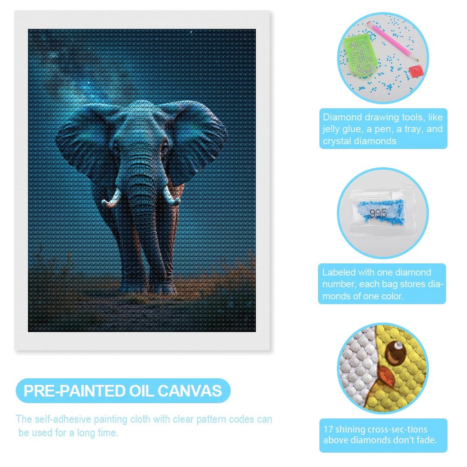 Diamond Art Kits for Adults, Majestic Elephant Under Starry Sky 5D Diamond Painting Kits for Adults Beginners, DIY Full Drill Diamond Painting, Gem Art and Crafts 12x16