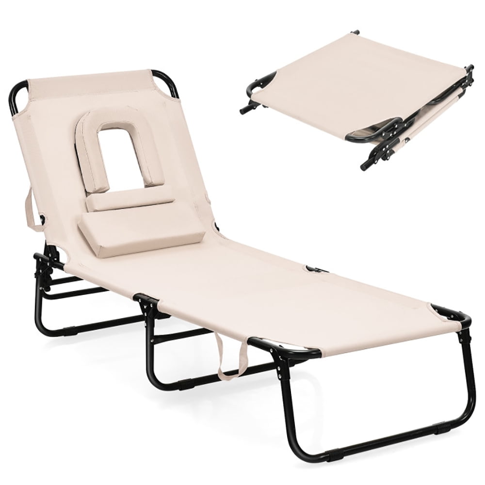 Aimee Lii Outdoor Folding Chaise Beach Pool Patio Lounge Chair Bed with Adjustable Back and Hole, Patio Loungers, Beige