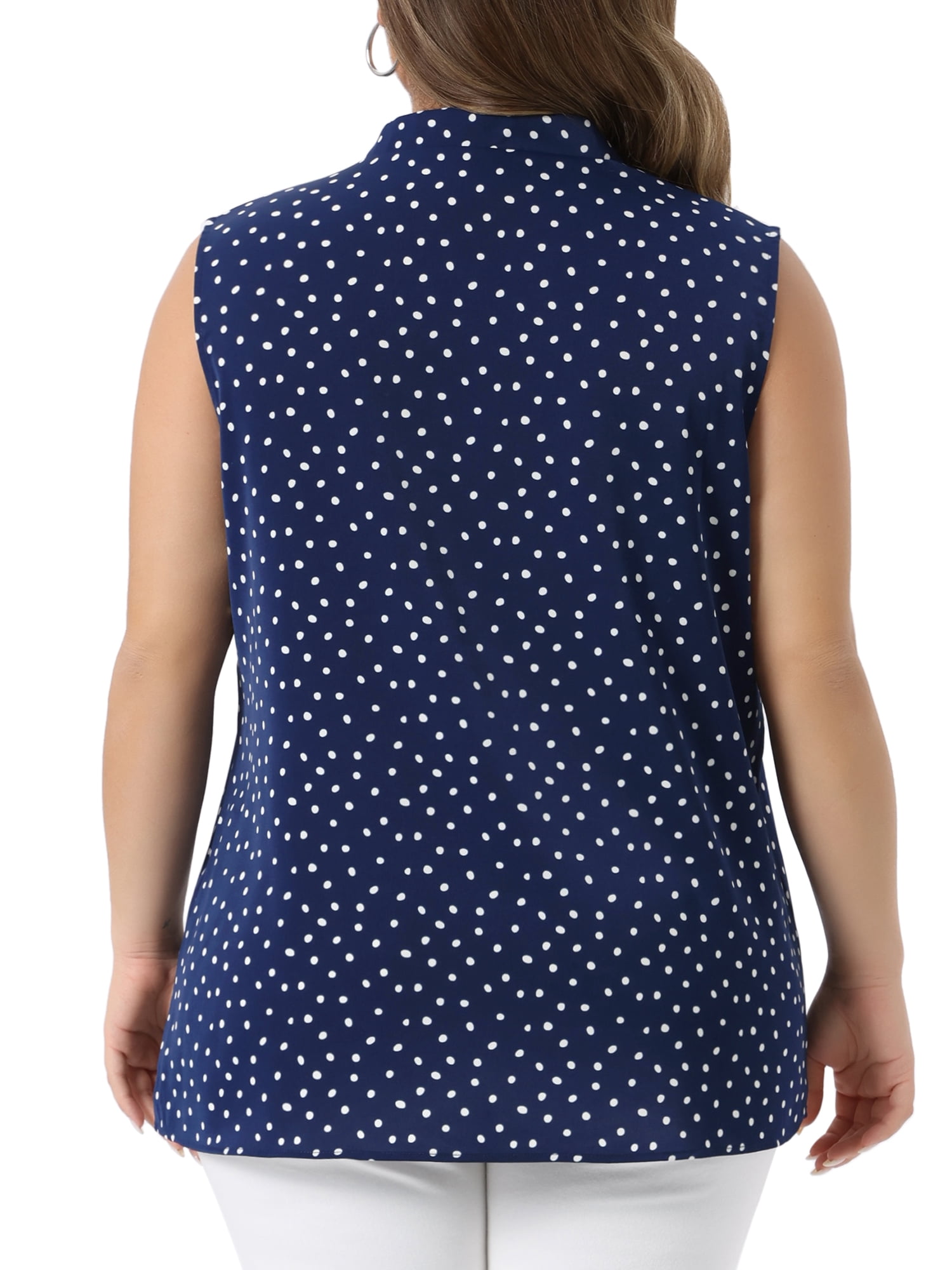 DARING DIVA Women's Plus Size Polka Dots V Neck Tie Neck Sleeveless Blouses 4X Dark Blue