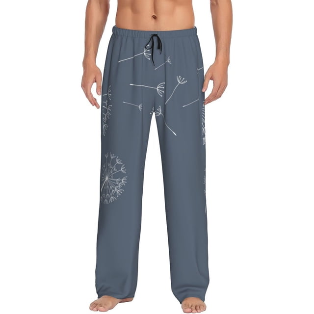 Kdxio White Dandelion Pattern Men's Pajama Pants, Elastic Waist with Drawstring and Pockets, Comfortable Loungewear-Large
