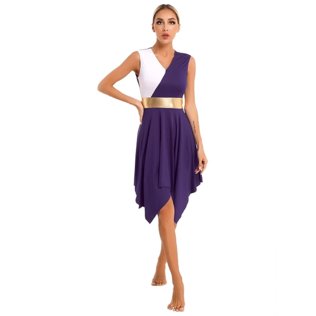 Aislor Women Liturgical Praise Dance Dress Color Block Worship Loose Fit Church Robe Praisewear Purple XXL