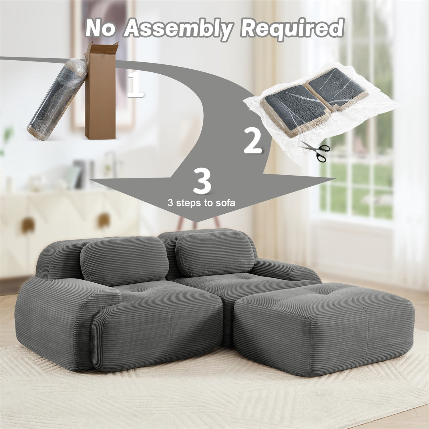 Hommoo 82" Luxury Corduroy Fabric Modular L-shaped Sofa, Multiple Combinations 2 Seater Sectional Sofa Couches with Curved Armrests, for Living Room Apartment, Grey