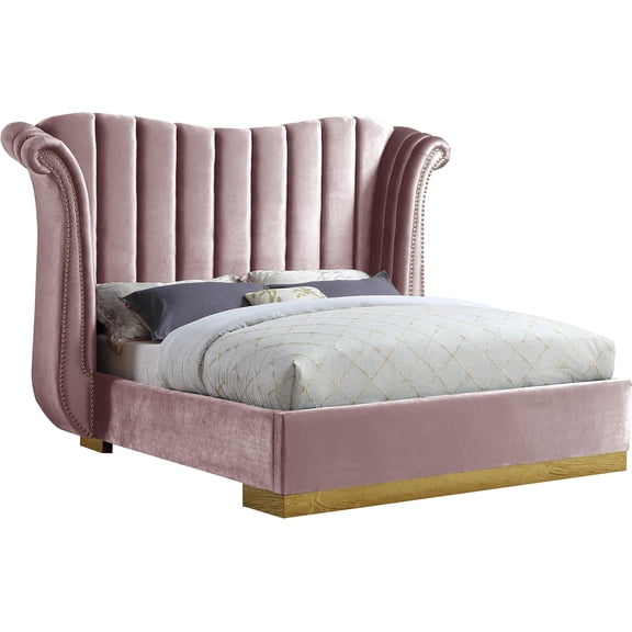 Bowery Hill Contemporary Solid Wood and Velvet Queen Bed in Pink
