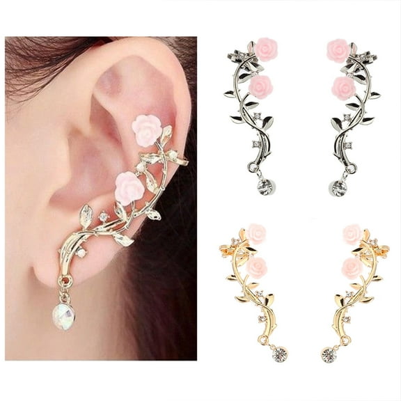 DaXi 2 Pcs Vintage Women Rose Flower Branch Rhinestone Climber Crawler Earrings Ear Jewelry-Golden