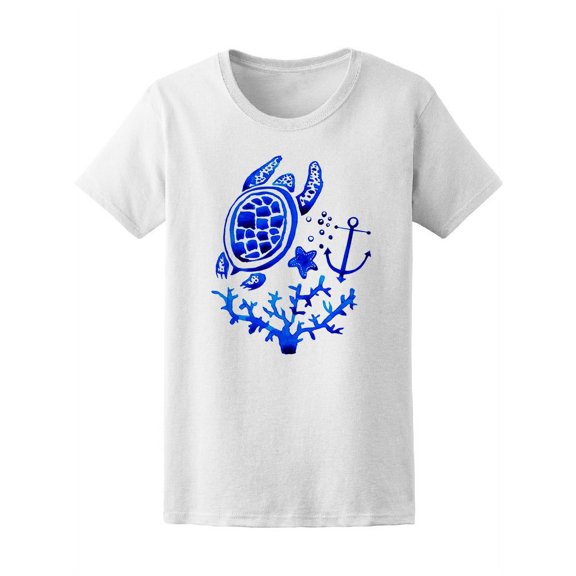 Blue Sealife Doodles Art  T-Shirt Women -Image by Shutterstock, Female Small