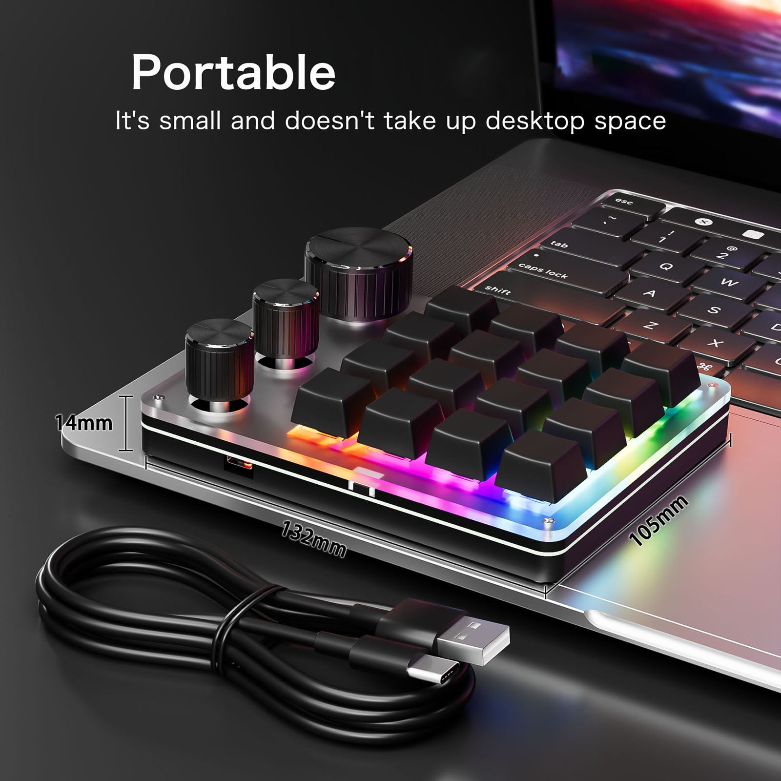 USB C 16 Key Programmable Keypad with 3 Knobs Hotswap Mechanical Gaming Keyboard Enhances Office Productivity
