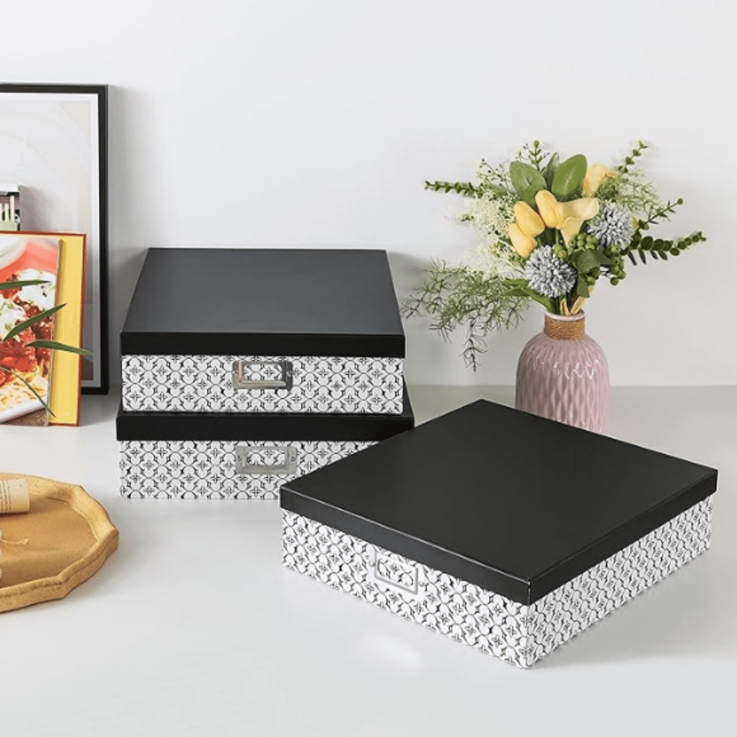 Black and White Decorative Storage Boxes with Lids for Organizing, Set of 3 Jumbo Scrapbook Storage Boxes for Documents, Keepsakes, Memories, Modern Trellis