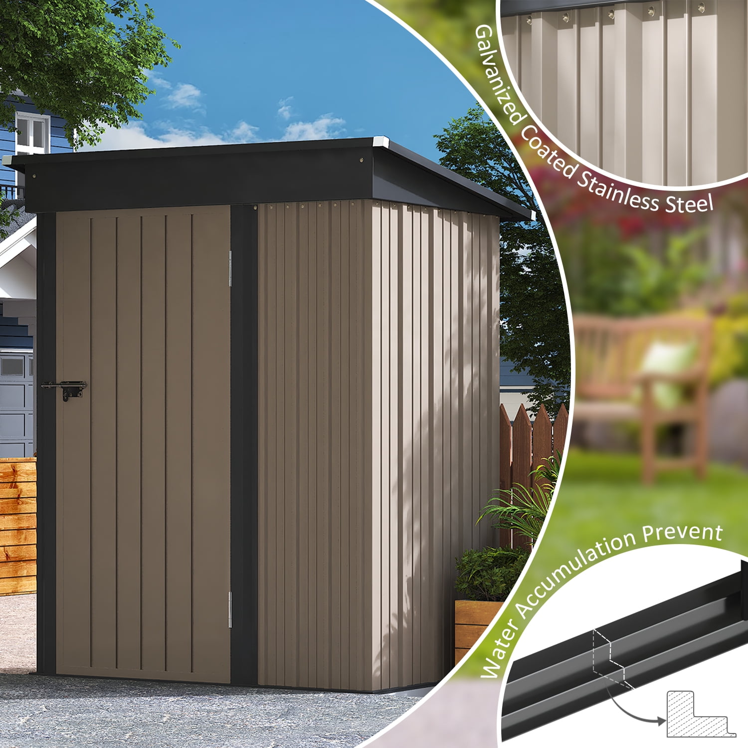 LACOO 3 x 5 ft. Patio Steel Storage Lockable Shed for Backyard, Mental Outdoor Storage Shed for Garden with Groove Roof, Brown