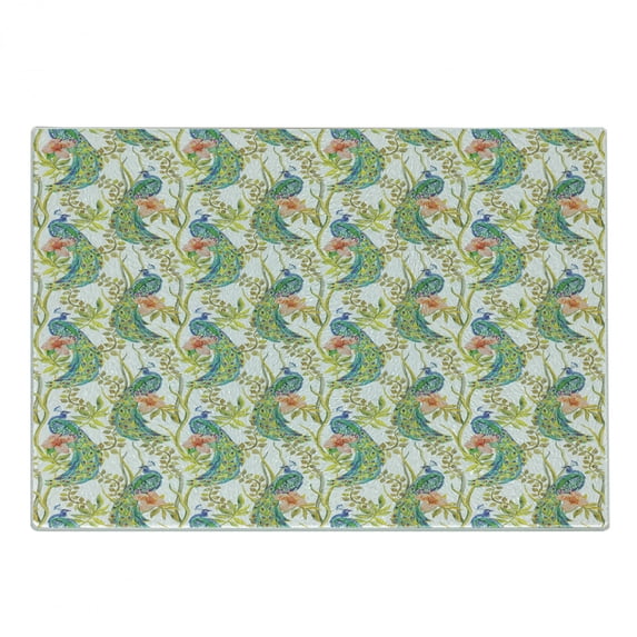 Tropical Cutting Board, Peacock Birds with Boho Feathers Birds on Exotic Hibiscus Leaf Branch, Decorative Tempered Glass Cutting and Serving Board, in 3 Sizes, by Ambesonne