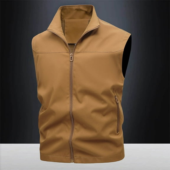 COSFO Solid Work Vest for Men Work Lightweight Zip Up Jacket Sleeveless Outdoor Loose Casual Fishing Men Outerwear Vests