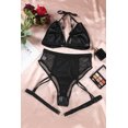 thumbnail image 1 of ABPHQTO Conjunto de lencería de malla de cuero sintético con tirantes halter negros para mujer, 1 of 5