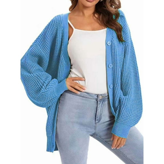 Cardigan Sweaters for Women Button-Down Long Sleeve Oversized Knit Outerwear Blue S