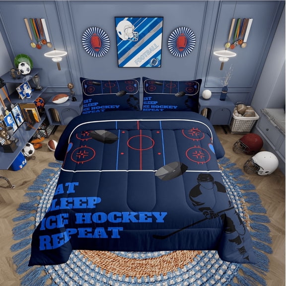 Erosebridal Eat Sleep Bedding Twin Comforter Set, Ice Hockey Player Down Comforter, Sports Lover Decor, Reversible 2 Pieces