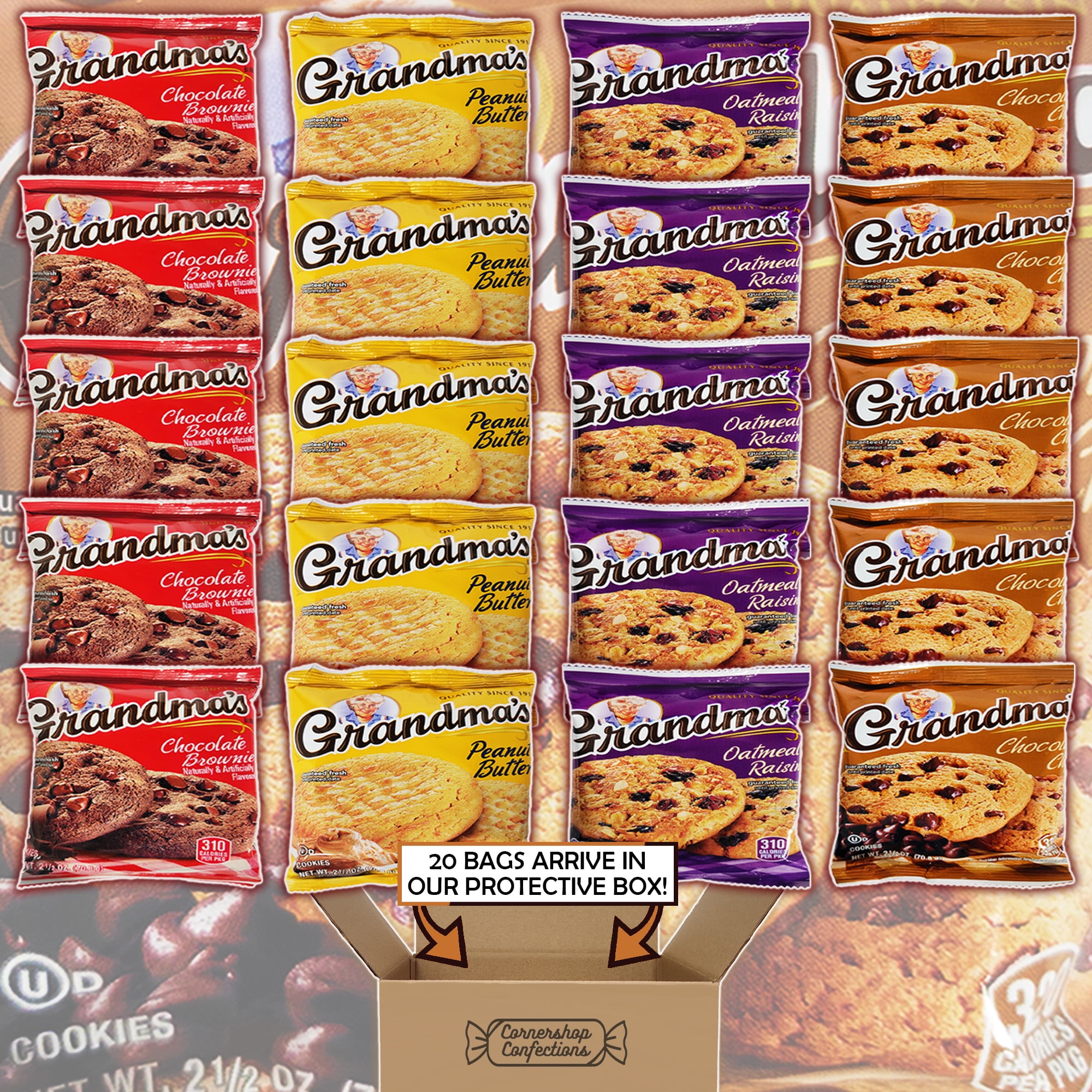 Grandma's Cookies Variety Pack - 5 Individually Sealed 2.5 Ounce Bags of Each Flavor - Chocolate Brownie, Peanut Butter, Chocolate Chip and Oatmeal Raisin - 20 In All in Cornershop Confections Pack