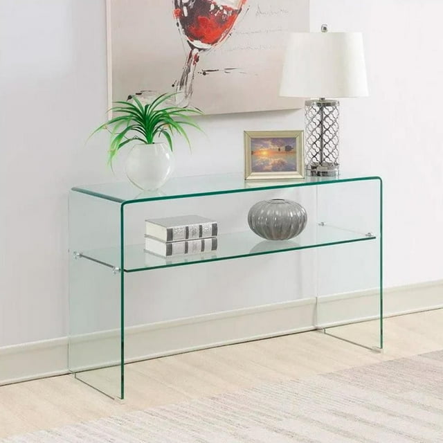 Collection Heavenly Console en verre avec étagère en clair, Console en verre transparent avec étagère, Console cascade avec étagère, Console avec étagère