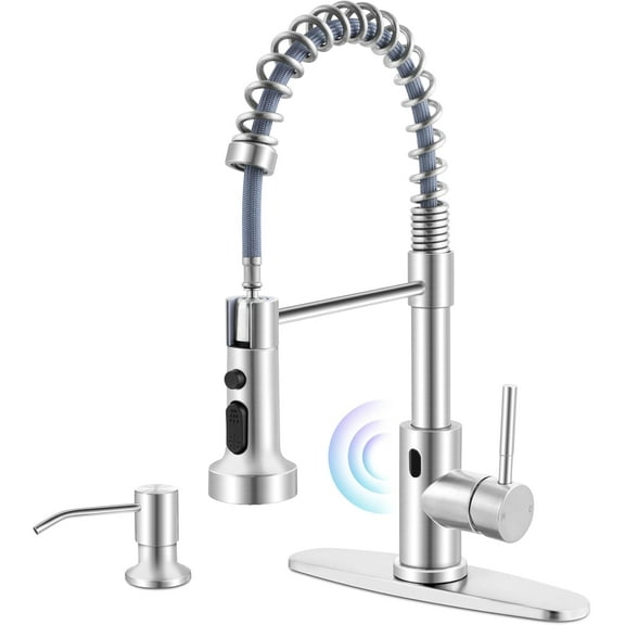 Stainless Steel | Touchless Kitchen Faucets w/ Soap Dispenser | Motion Sensor Activated Commercial Sink Faucets w/ Pull Down Sprayer for Vanity RV | Brushed Nickel