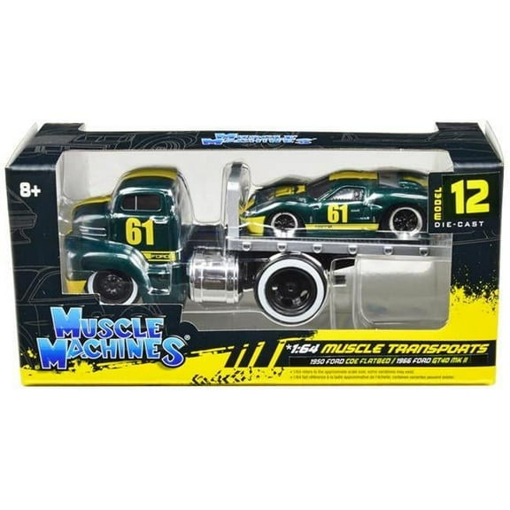 Muscle Machines 11547BK 1950 Ford COE Flatbed Truck No.61 & 1966 Ford GT40 MK II No.61 Green Metallic with Yellow Stripes Muscle Transports Series 1-64 Diecast Model Cars