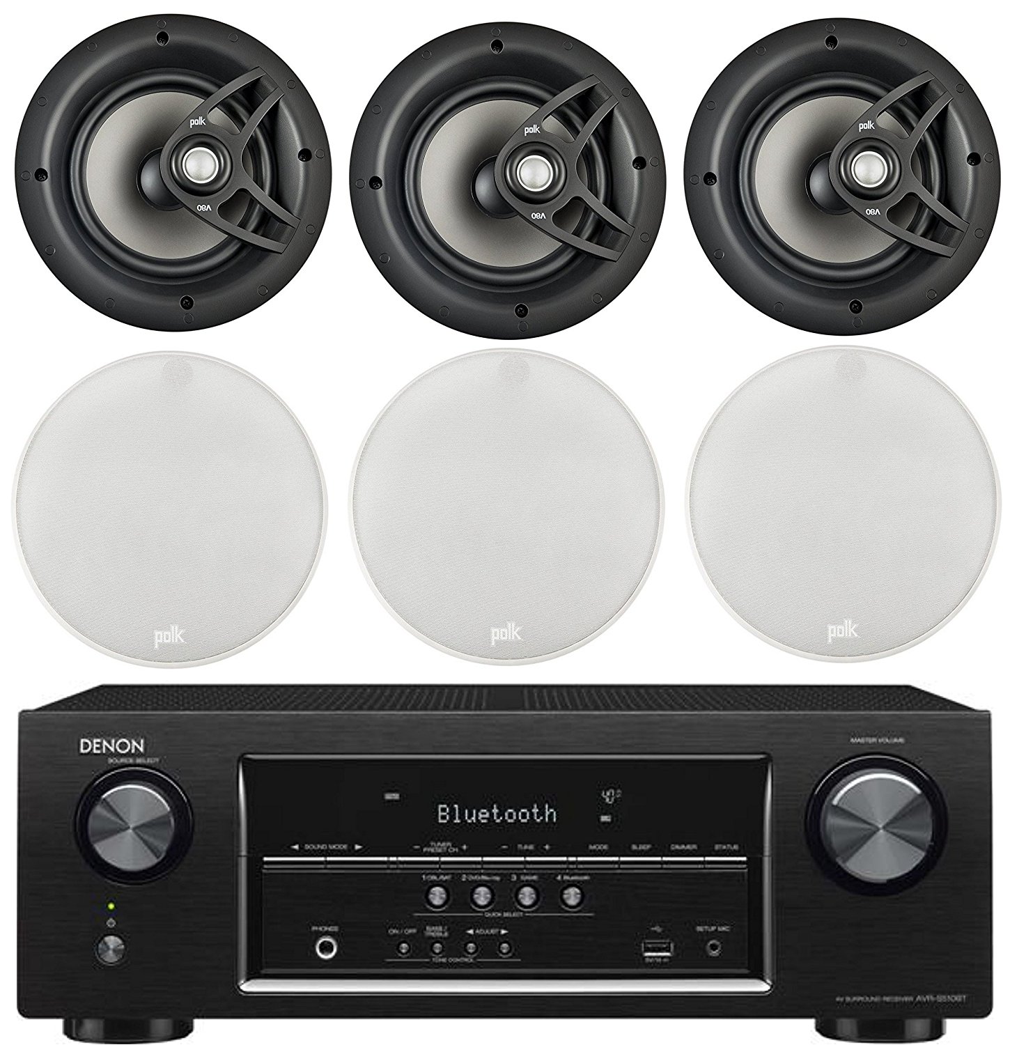 Denon 5.2 Channel 700-Watt Full 4K Ultra HD Bluetooth AV Home Theater Receiver + Polk 8" 2 Way High-Performance Natural Surround Sound In-Ceiling Speaker System (Set Of 6) - image 1 of 1