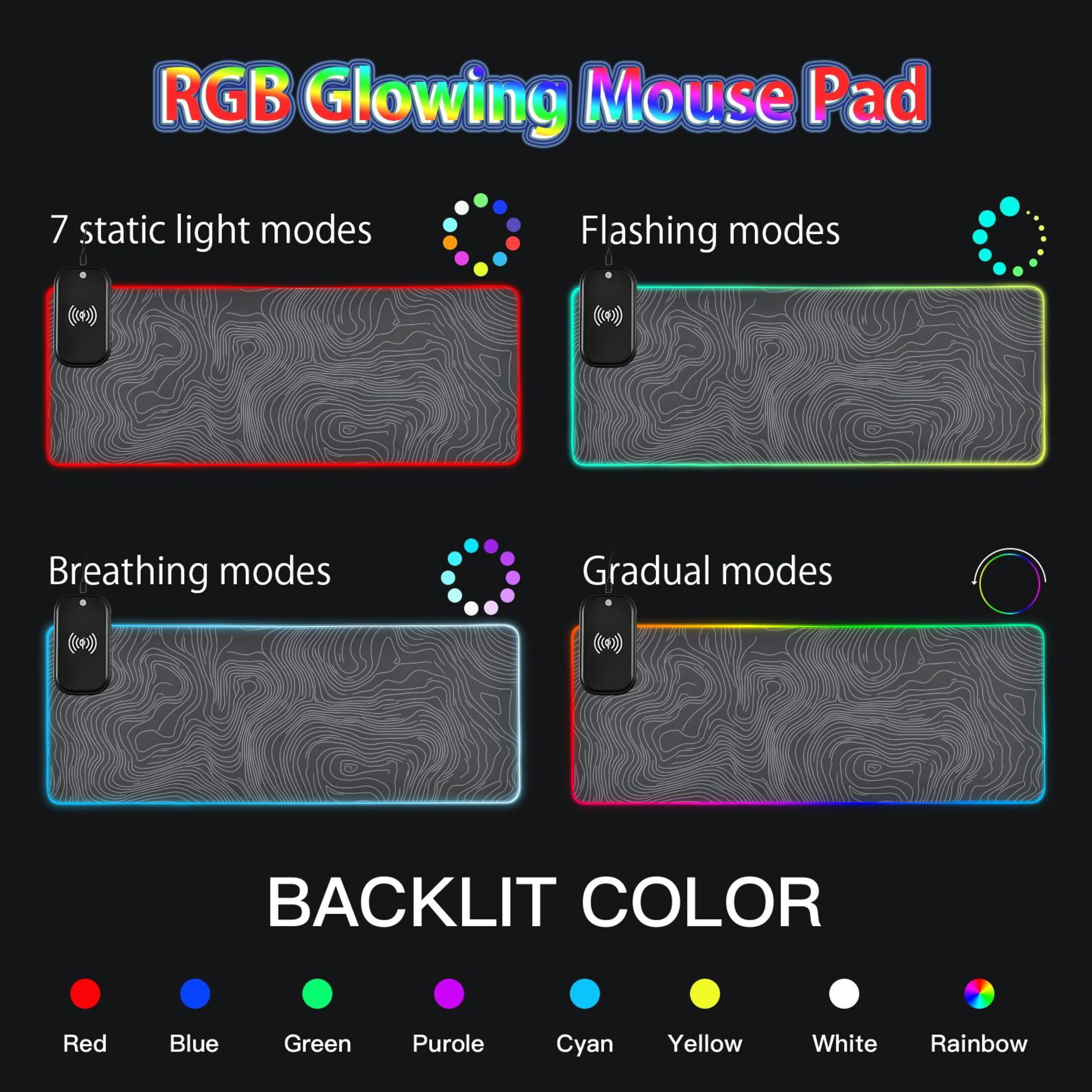 Wireless Charging Mouse Pad Large RGB Gaming Desk Mat 13 Light Modes Mousepad 31.5x11.8 Topographic Line