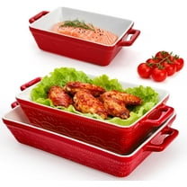 Ceramic Baking Dishes, Rectangular Bakeware with Handles, Casserole Dish Set Lasagna Pan, Baking Pans Set for Oven, Cooking, Banquet and Daily Use, Red, 3 Sizes