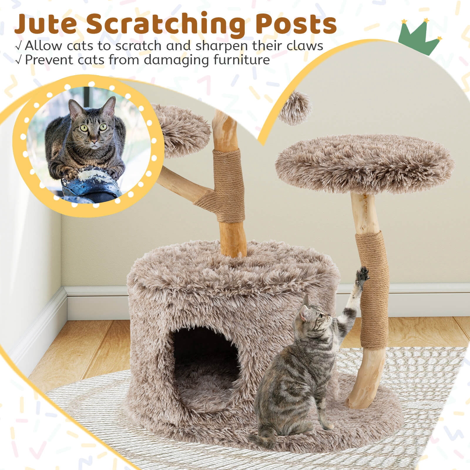 Costway Solid Wood Cat Tree with Well-woven Cattail Basket Luxury Condo Scratching Posts