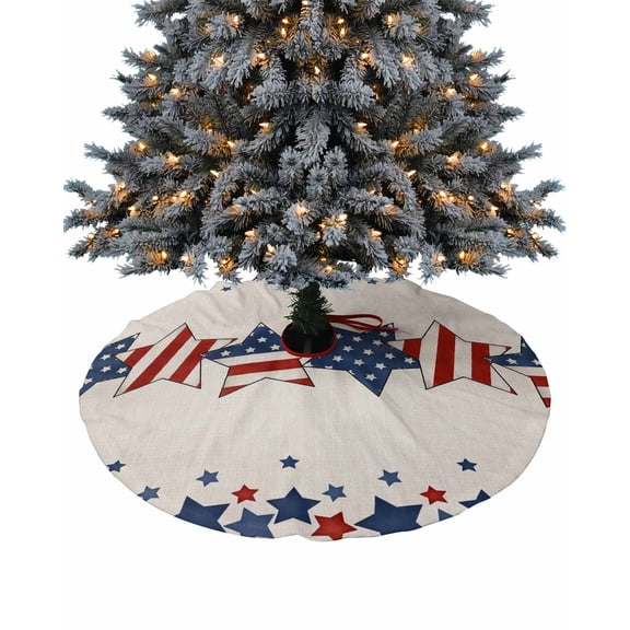 4th of July Christmas Tree Skirt 36 Inches Large Christmas Skirt Tree, Patriotic Blue Red Star Independence Day Tree Skirt Christmas Decorations for Fireplace Party Holidays Indoor Outdoor