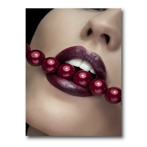 Designart ' Girl Bitting With Red Lips With Red Pearls ' Modern Canvas Wall Art Print