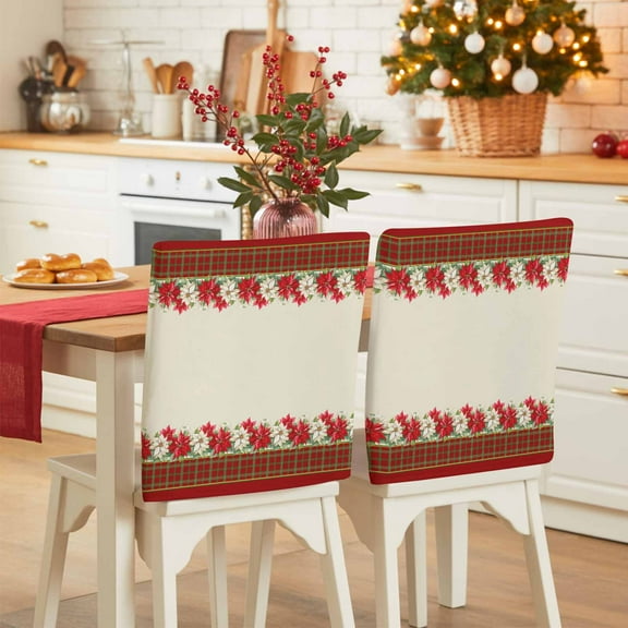 Christmas Winter Chair Covers Set of 1 Poinsettia Red Floral Retro Chair Back Covers Stretch Removable Washable Slipcovers Protector for Dining Room Kitchen Party Decor