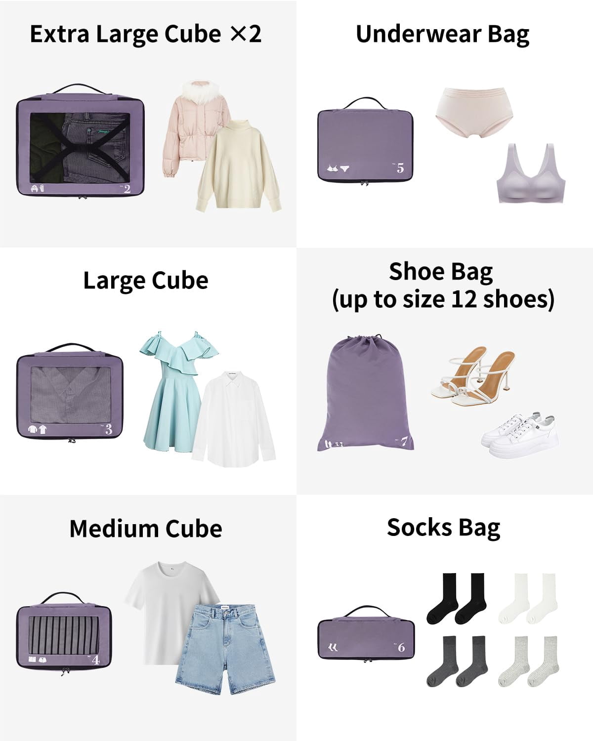 7 Pcs Packing Cubes for Travel Organizer Tear-Resistant with Number Icon Handle Storage Bags for Carry on Bag for Clothes Shoes, Purple