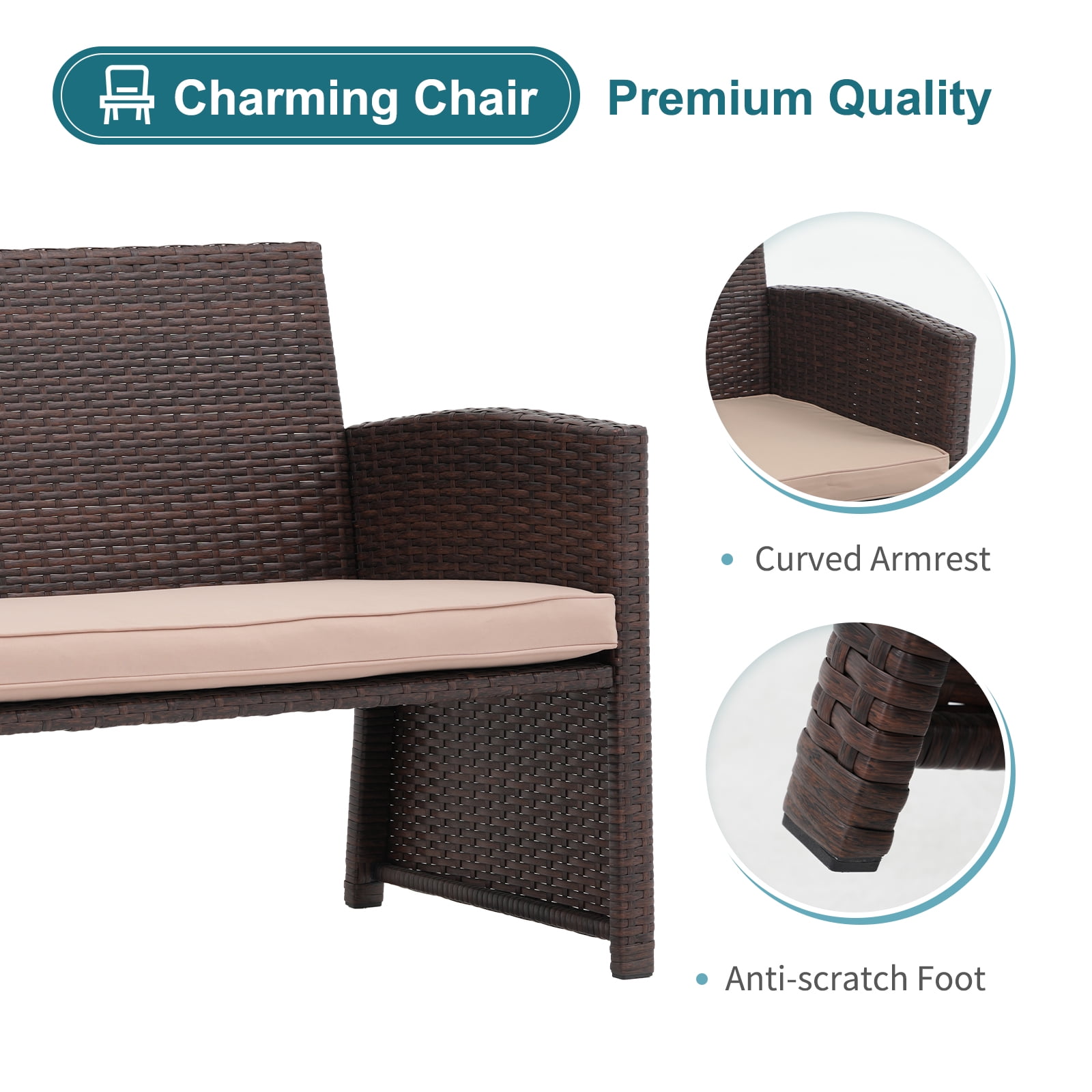 JOIVI 3 Piece Outdoor Loveseat, Patio Furniture Set with Ottoman, Brown Rattan, Beige Cushion