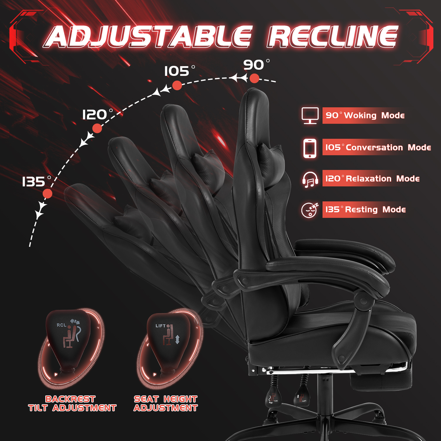 Homall Gaming Chair with Massage and Footrest, Black photo 5