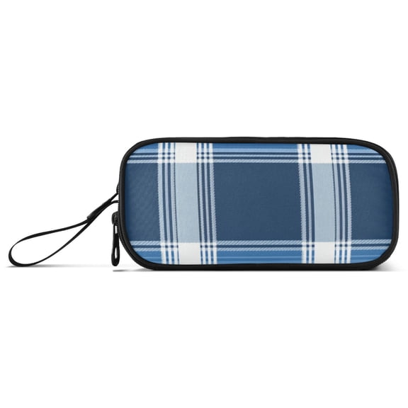 Wide Plaids Navy Blue Pencil Case Stationary Holder Pen Bag Pencil Pouch Tool Organizer 3 Compartments