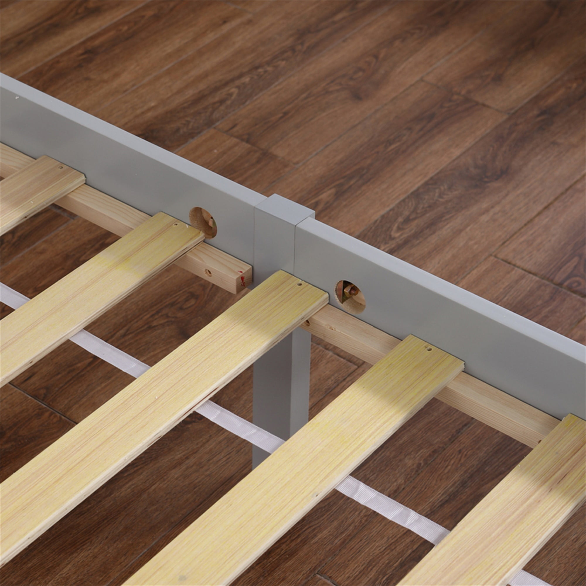 Kadyn Full-Size Bed Frame, Platform Bed Frame with Gray Vertical Slatted Headboard, Solid Wood Bed Frame with Footboard Kadyn Full-Size Bed Frame, Platform Bed Frame with Gray Vertical Slatted Headboard, Solid Wood Bed Frame with Footboard