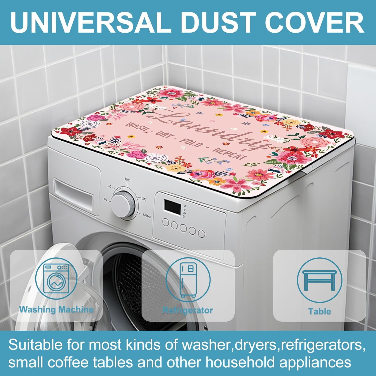 Non-Slip Washer & Dryer Top Cover Protector Mat Dust-Proof Washing Machine Cover Pad With Pink Floral Laundry Sign Design Universal 23.6"x19.7" for Laundry Room & Kitchen Decor