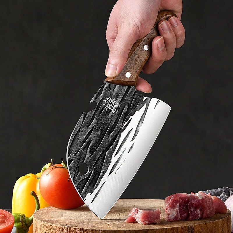 3 Pieces Hand Forged Kitchen Knife Set, High Carbon Steel Cleaver Knives with Solid Wood Handle, Multi-Purpose Chopping Cutting Tools for Home Kitchen Cooking