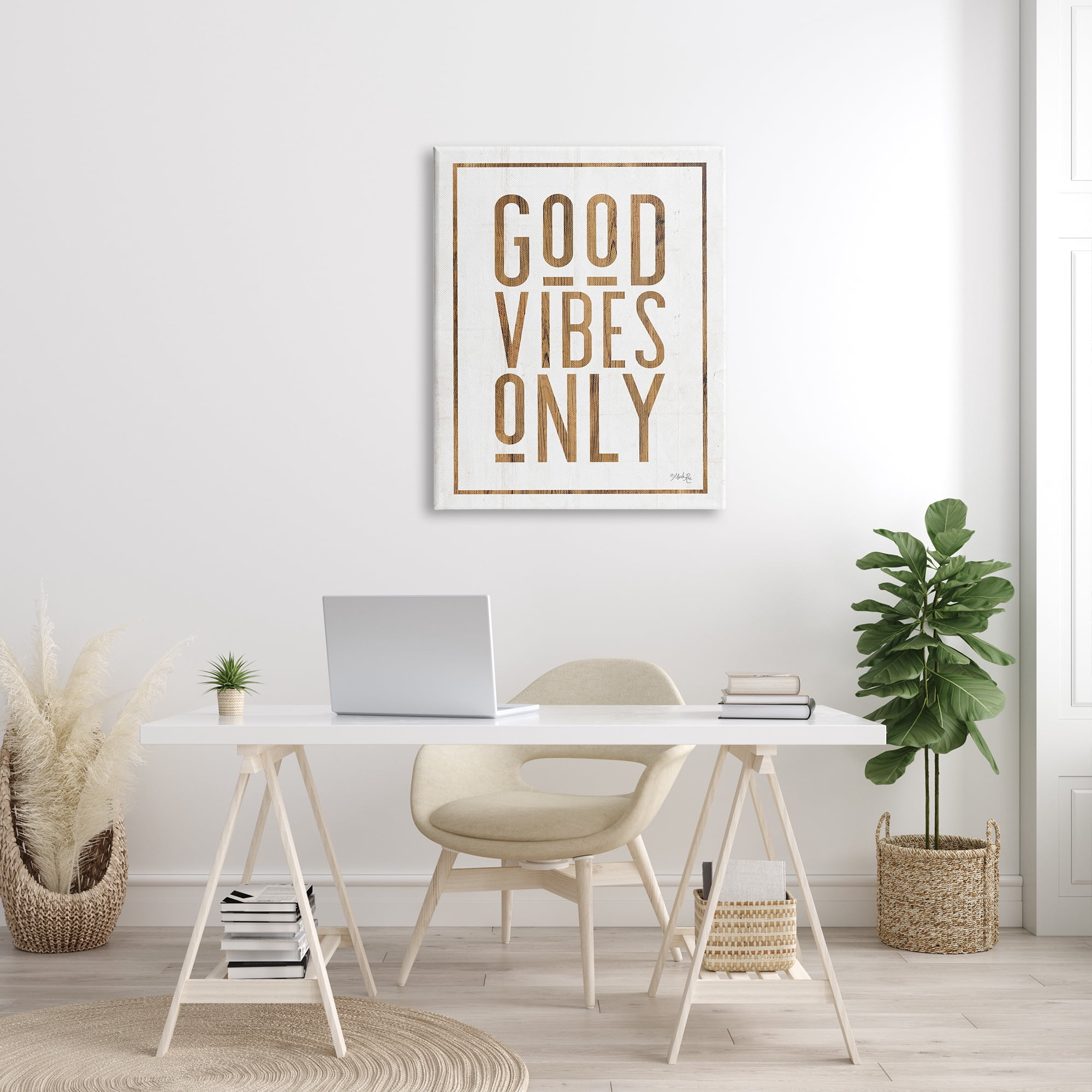 The Stupell Home Decor Good Vibes Only Rustic White and Exposed Wood Look Sign