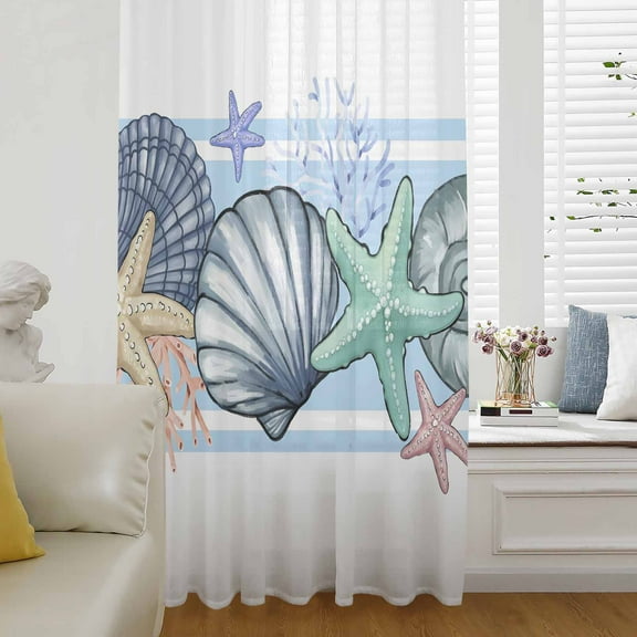 Blue Coastal Semi Sheer Curtains Drapes for Living Room, Bedroom, French Doors Window 96 Inches Long, Beach Nautical Starfish Shell Coral Rod Pocket Chiffon Curtain Drapery Voile Draperies Panel