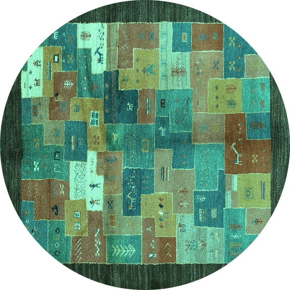 Ahgly Company Machine Washable Indoor Round Abstract Turquoise Blue Contemporary Area Rugs, 8' Round